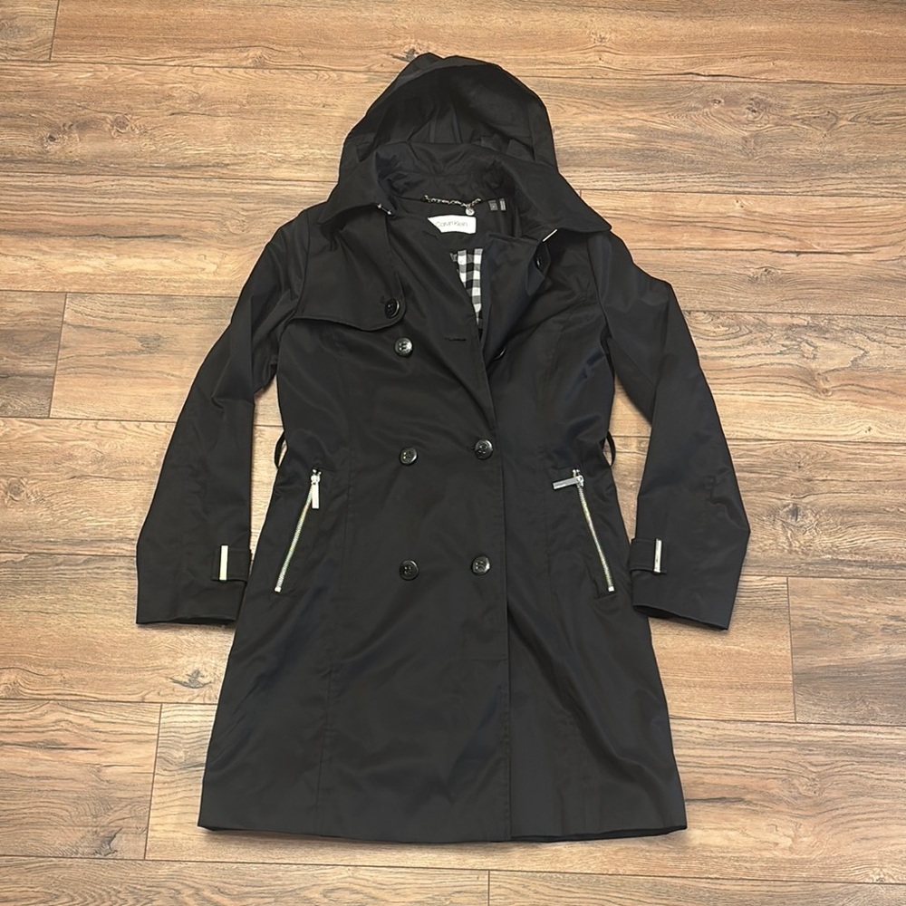Calvin Klein Black Double Breasted Trench Coat Size Small